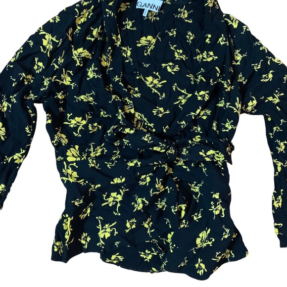 Ganni Floral Black and Yellow Wrap Top | Sz 32/S - Picture 3 of 4